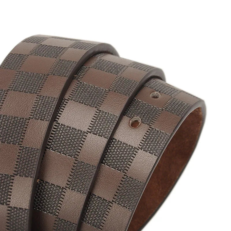 Men's Classic Business Leather Belt — Luxury Cowskin Plaid Buckle Waistband