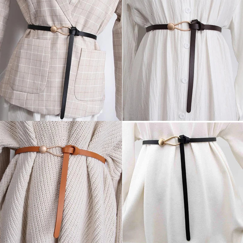 Women's Thin Bow Knotted Belt — Faux Leather Loop Strap Dress & Coat Waistband