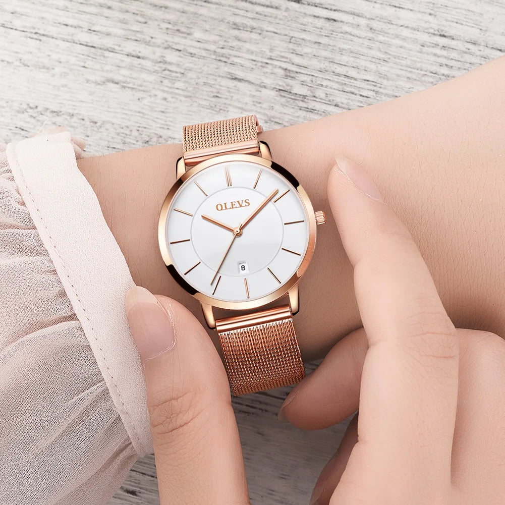 OLEVS Women's Rose Gold Quartz Watch — Luxury Stainless Steel Bracelet Gift Set