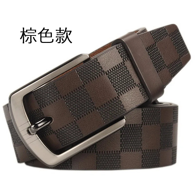 Men's Classic Business Leather Belt — Luxury Cowskin Plaid Buckle Waistband