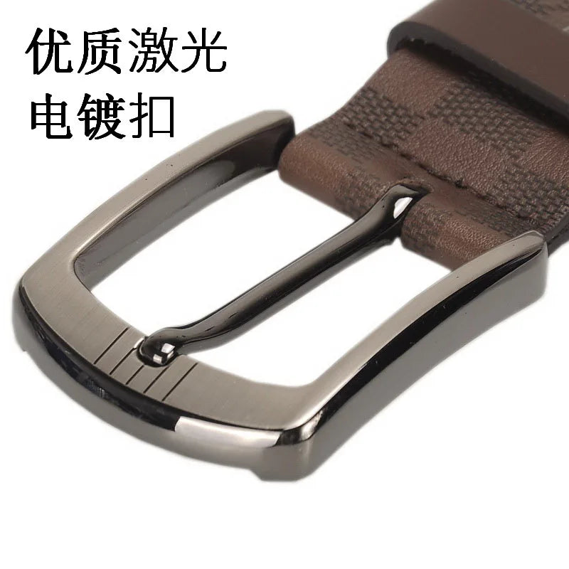 Men's Classic Business Leather Belt — Luxury Cowskin Plaid Buckle Waistband