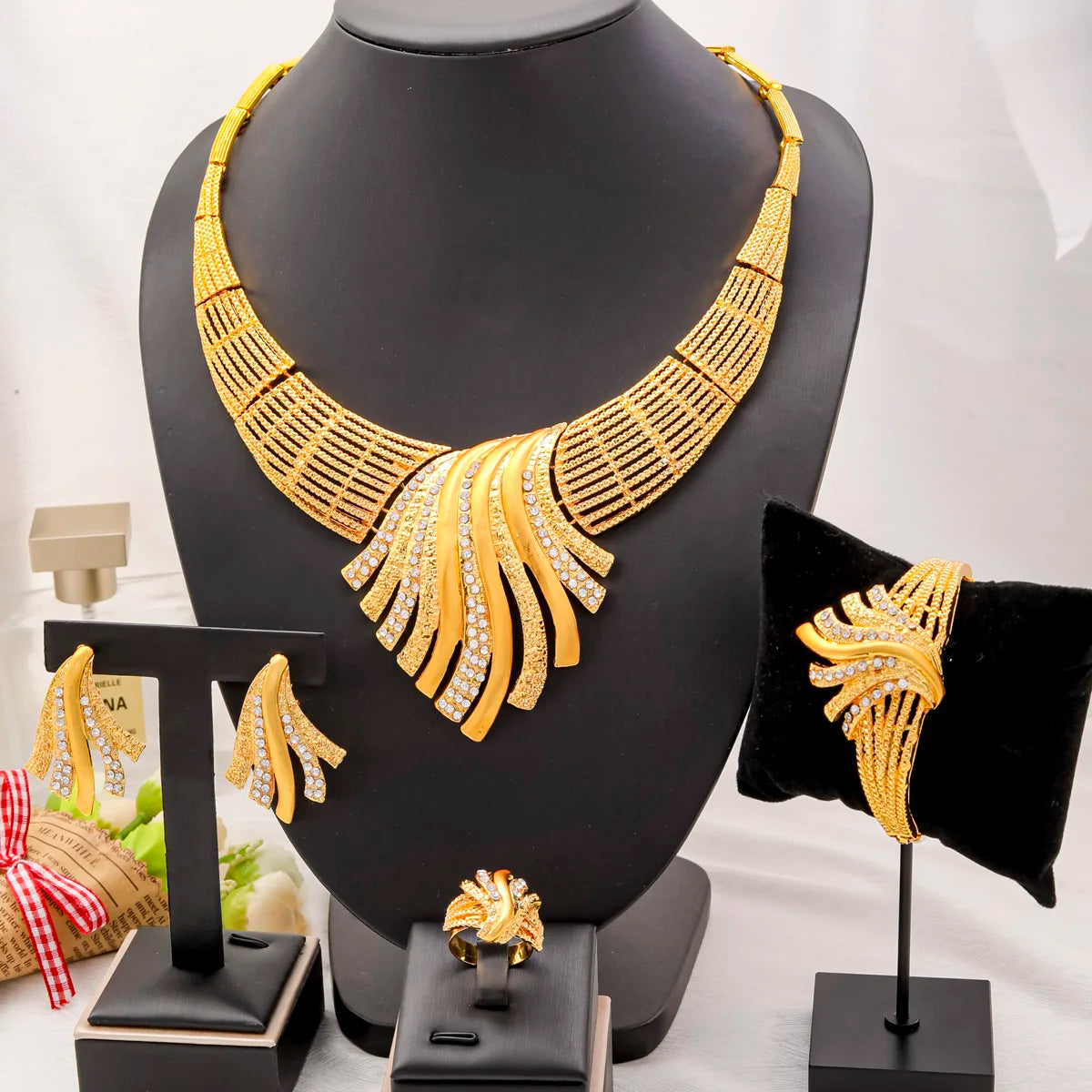 Women's Dubai 24K Gold Plated Luxury Jewellery Set — Necklace, Earrings, Bracelet & Ring for Wedding