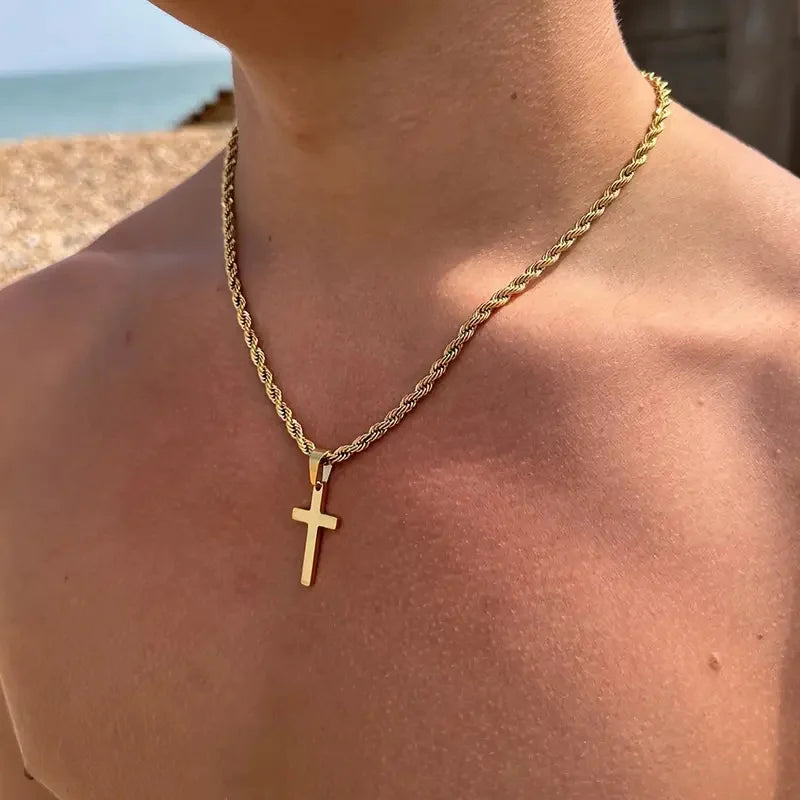 Men's Stainless Steel Cross Pendant Necklace — Minimalist Gold Colour Rope Chain Choker