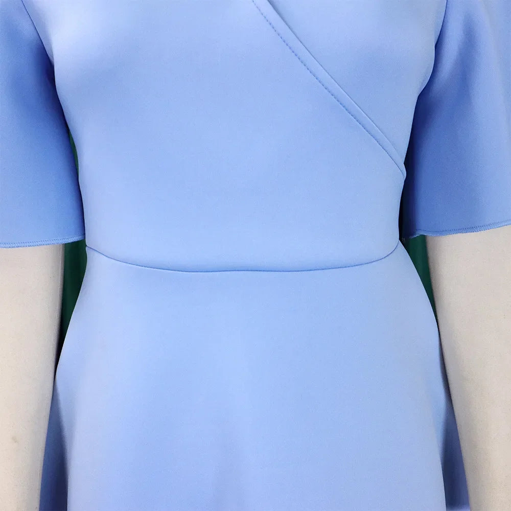 Women's V-Neck Flare Sleeve High Waist Pleated A-Line Dress