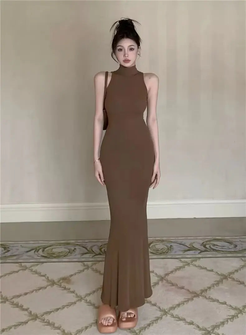 Women's Turtleneck Knit Bodycon Ankle-Length Maxi Dress