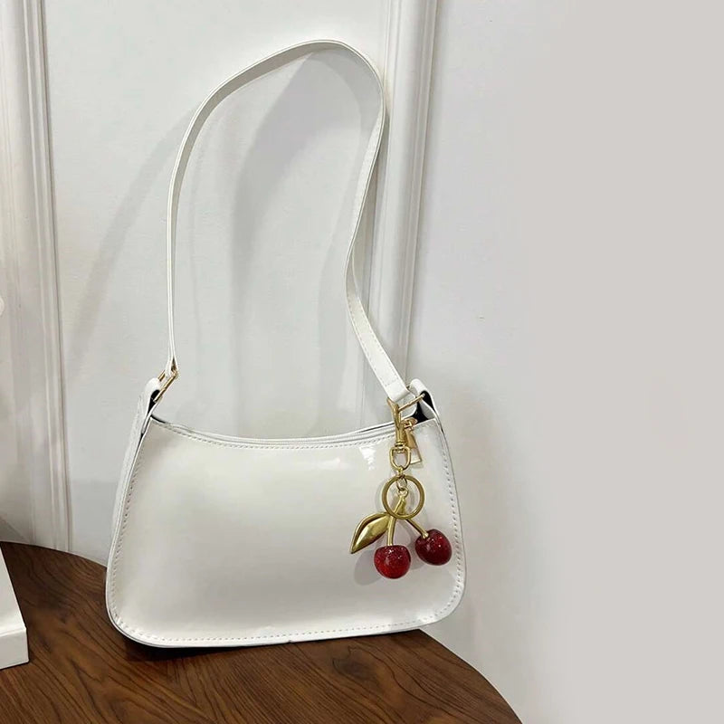 Women's PU Leather Shoulder Bag — Solid Colour Cherry Pendant Casual Underarm Bag