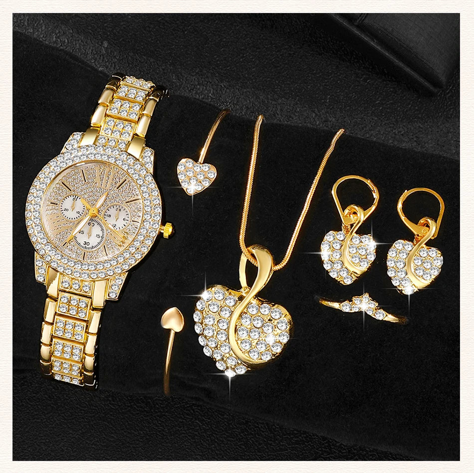 Women's Rhinestone Quartz Watch & Jewellery Set — Ring, Necklace & Earrings Luxury Gift