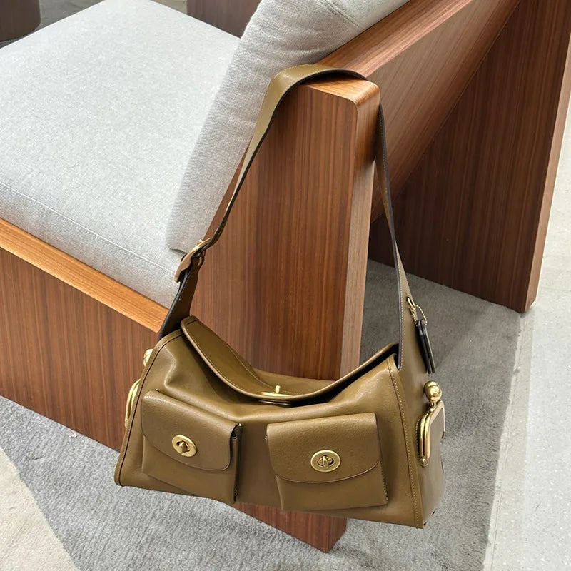Women's Vintage PU Leather Shoulder Bag — Large Capacity Multi-Pocket Zipper Commuting Bag