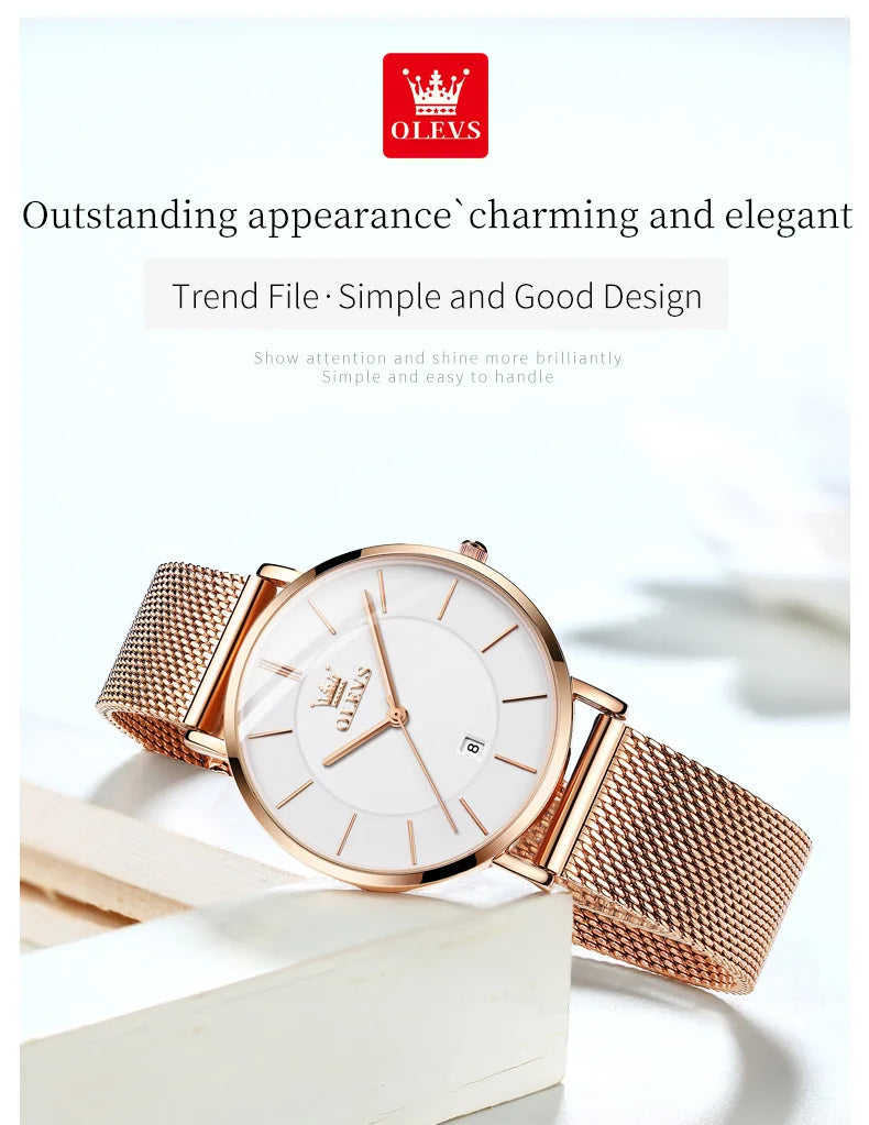 OLEVS Women's Rose Gold Quartz Watch — Luxury Stainless Steel Bracelet Gift Set