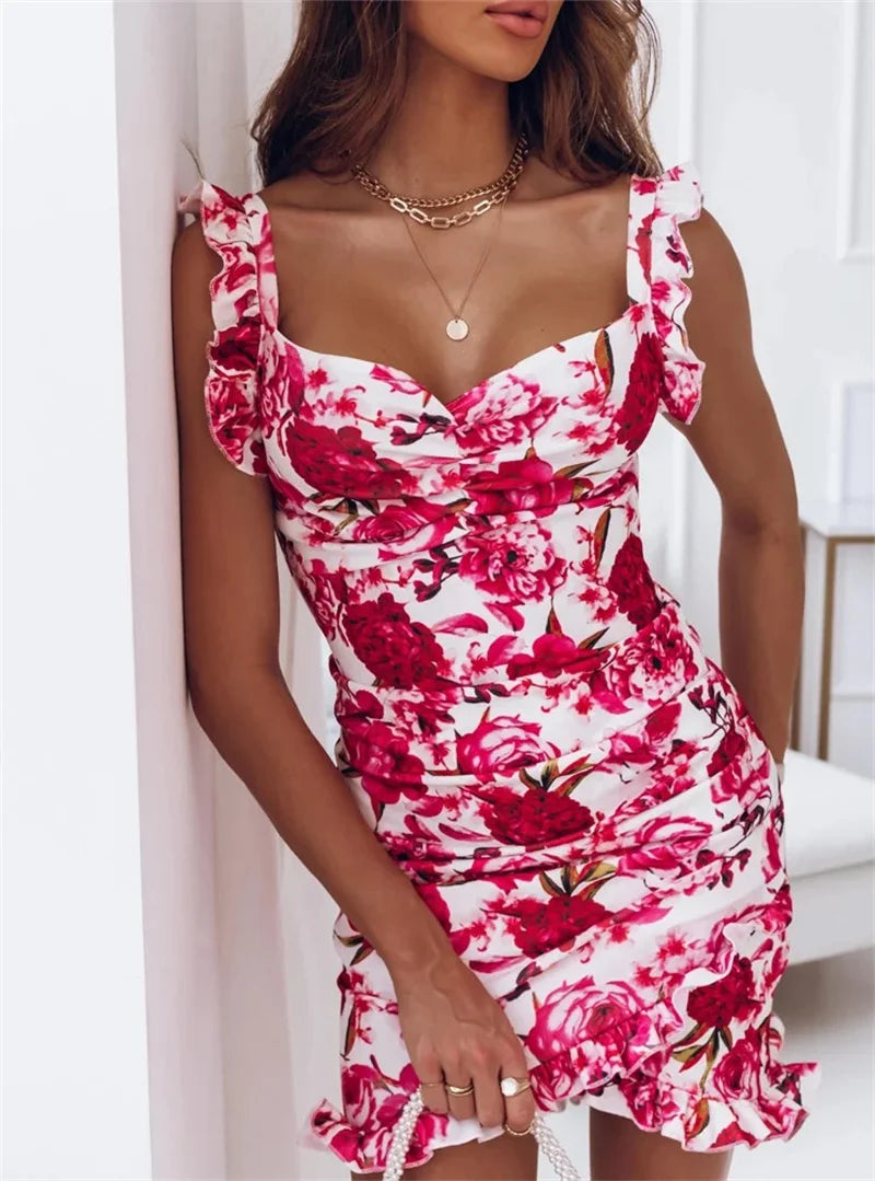 Women's V-Neck Ruffle Floral Print Bodycon Sundress