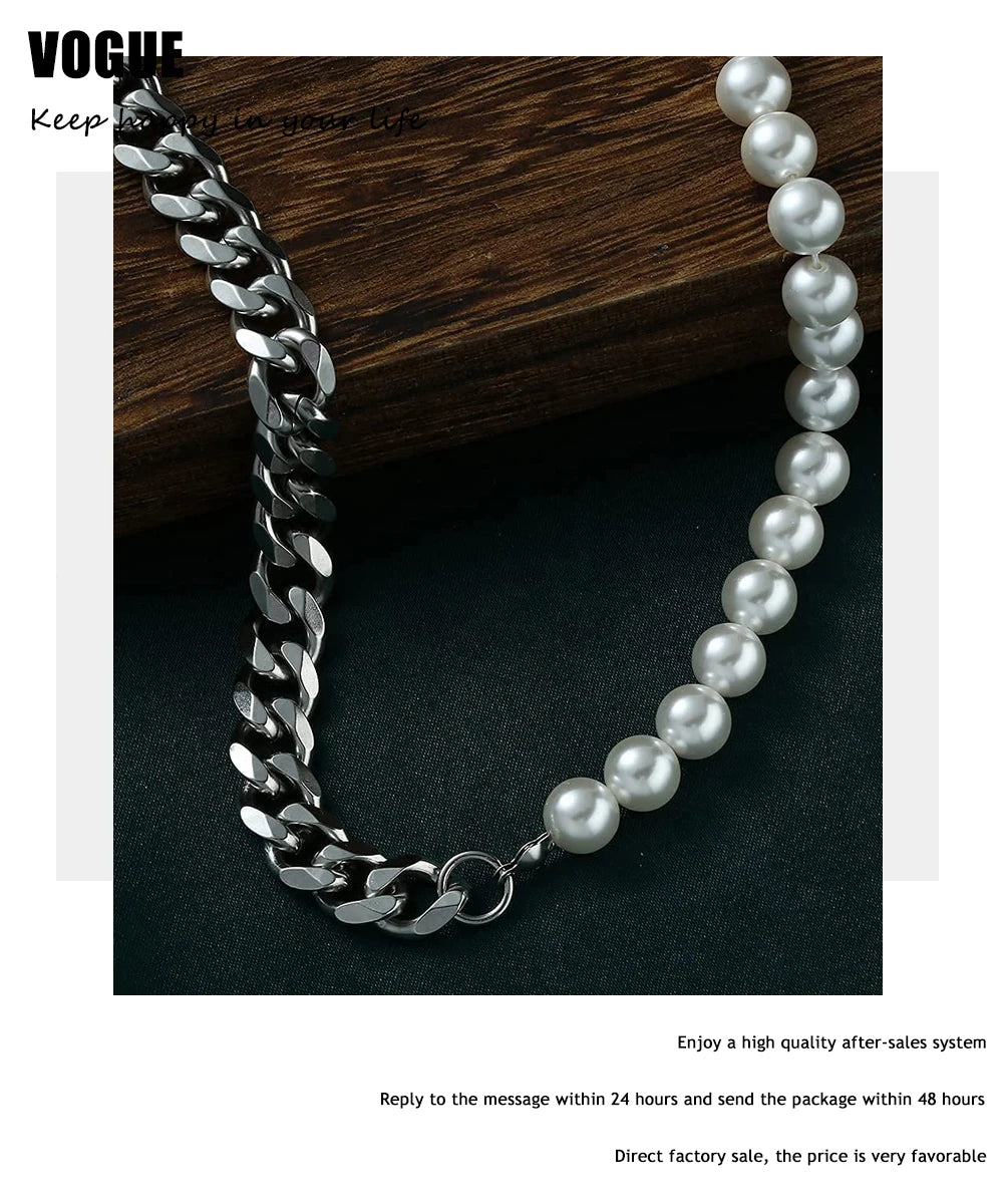 Men's Half Pearl Half Cuban Link Chain Necklace — Stainless Steel Silver Jewellery (43 cm)