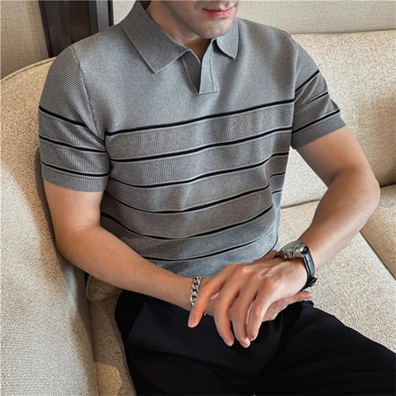 Men's Slim-Fit Knitted Striped T-Shirt — Smart Casual Turn-Down Collar