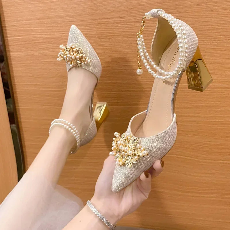 Women's Pointed Toe High Heel Pumps — Metal Beaded Wedding & Banquet Shoes