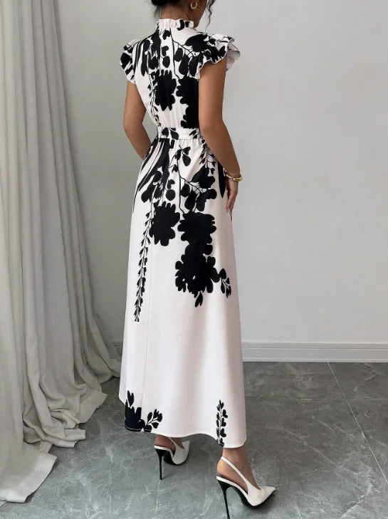 Women's Elegant Black & White Patchwork Sash Dress