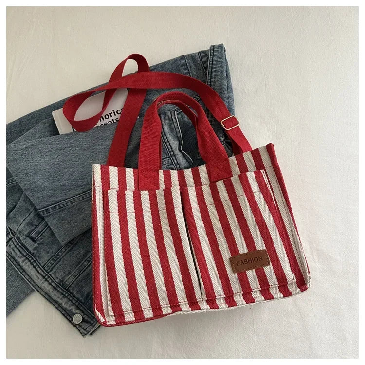 Women's Large Capacity Striped Canvas Shoulder Bag — Versatile Commuter & Travel Tote