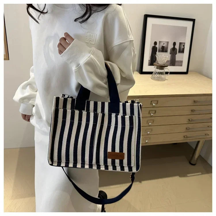 Women's Large Capacity Striped Canvas Shoulder Bag — Versatile Commuter & Travel Tote
