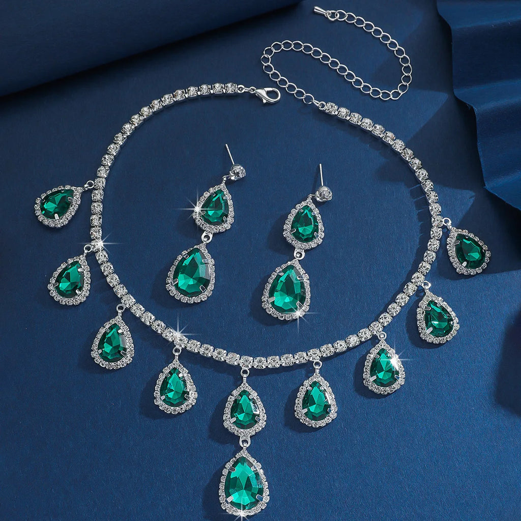 Women's Crystal Pendant Necklace & Dangle Earrings Set — Elegant Jewellery for Party & Wedding
