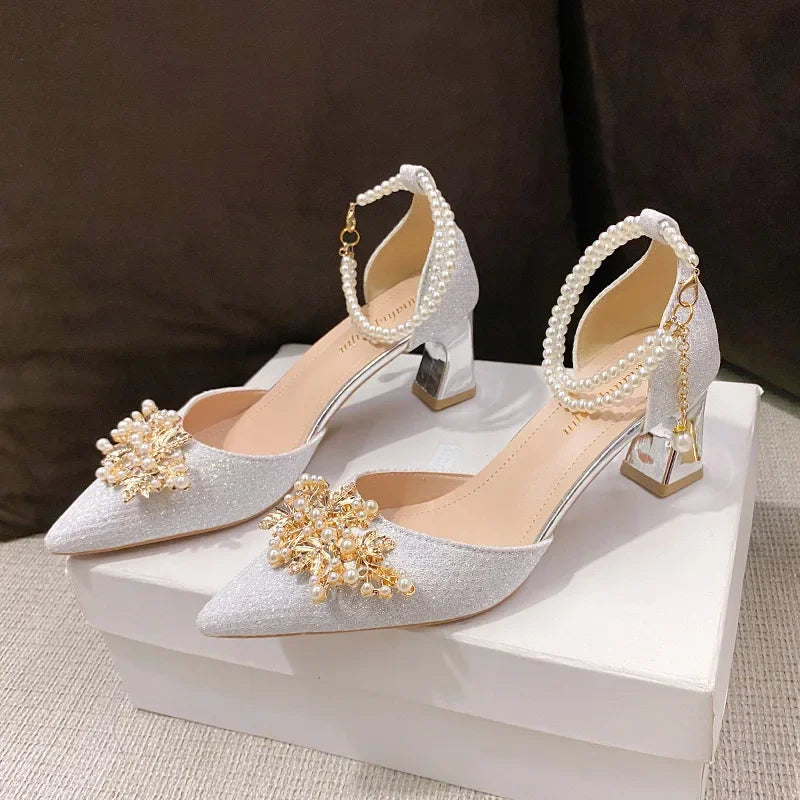 Women's Pointed Toe High Heel Pumps — Metal Beaded Wedding & Banquet Shoes