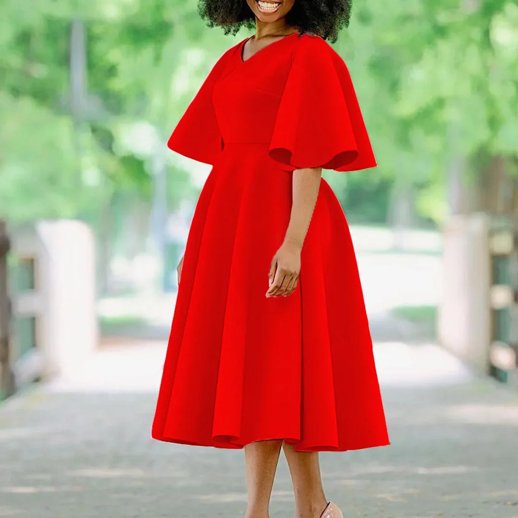 Women's V-Neck Flare Sleeve High Waist Pleated A-Line Dress
