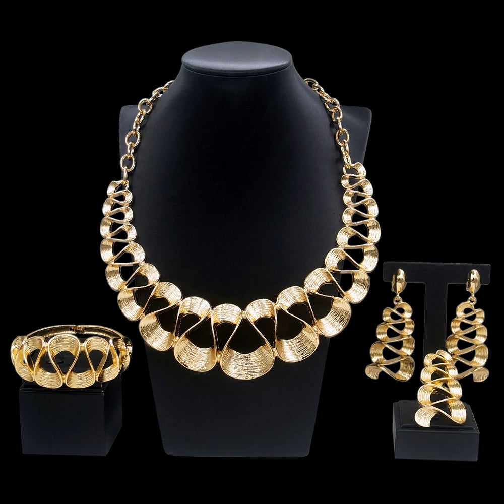 Women's Gold Plated Wavy Pendant Necklace & Earrings Set — Delicate Wedding & Holiday Jewellery