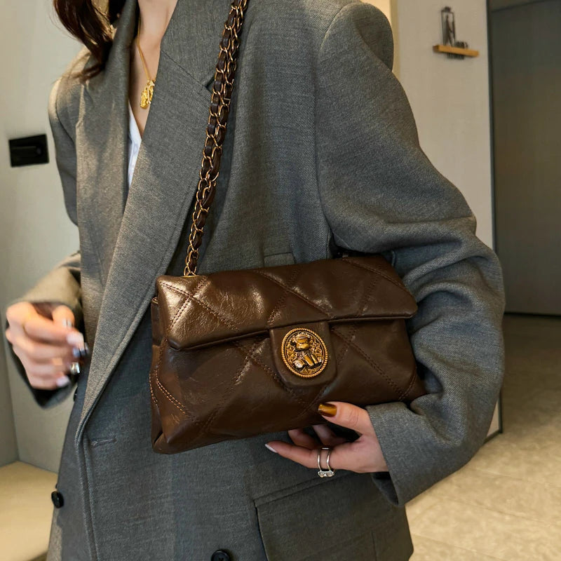 Women's Luxury Lingge Pattern PU Leather Crossbody Bag — Designer Underarm Shoulder Handbag