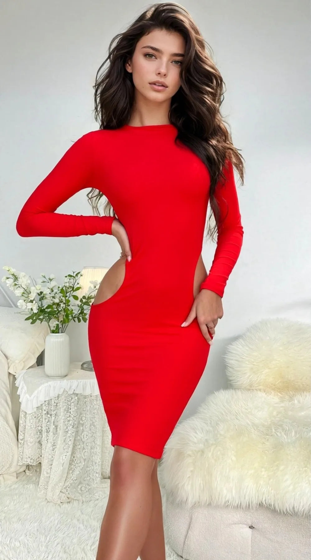 Women's Elegant Bodycon Long Sleeve Hollow-Out Knee-Length Dress