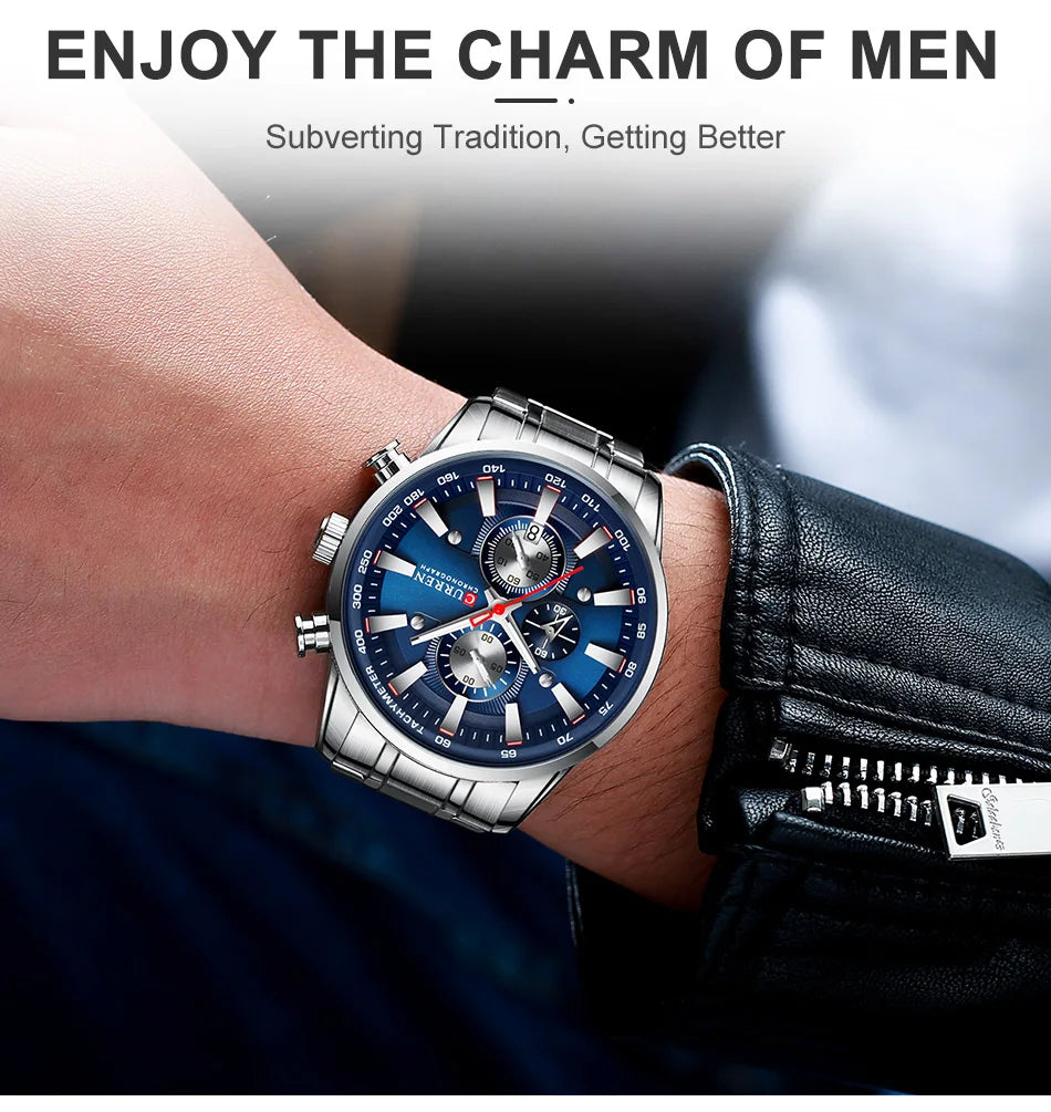 CURREN Men's Sport Chronograph Quartz Watch — Waterproof Stainless Steel