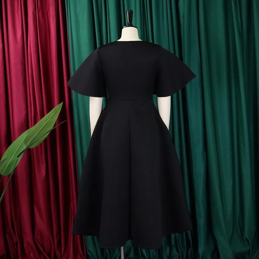 Women's V-Neck Flare Sleeve High Waist Pleated A-Line Dress