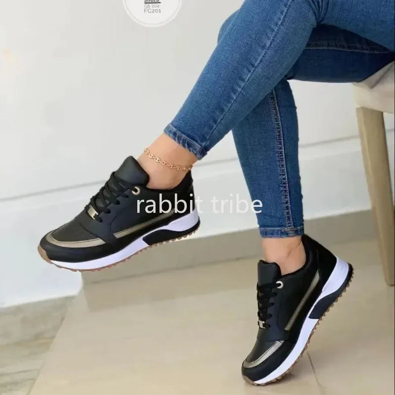 Women's Lace-Up Height-Increasing Sneakers — Mixed Colour Mid Heel Casual Shoes
