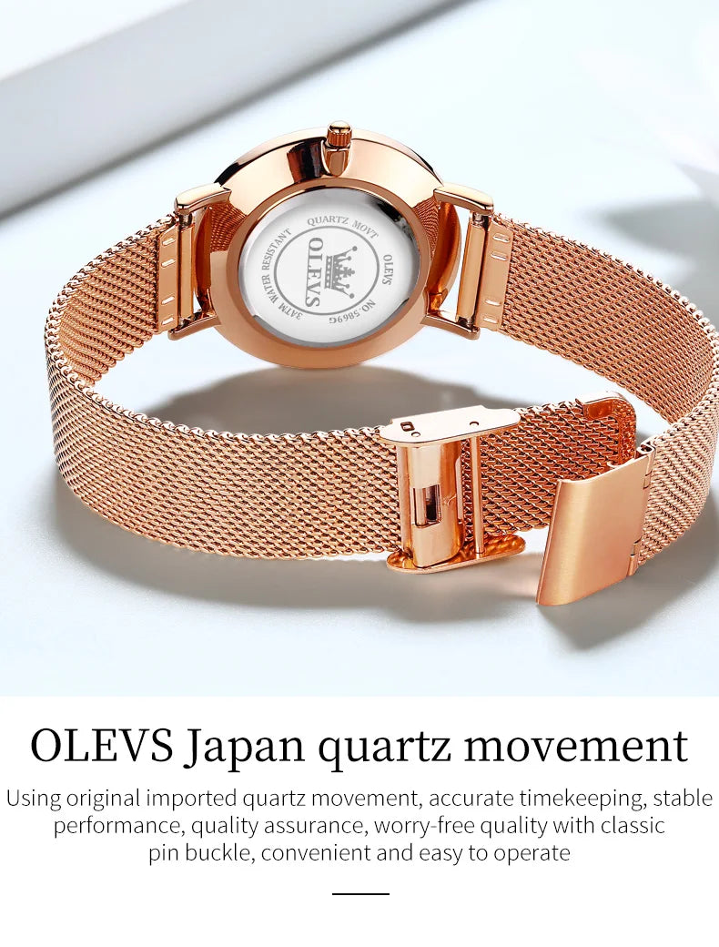 OLEVS Women's Rose Gold Quartz Watch — Luxury Stainless Steel Bracelet Gift Set