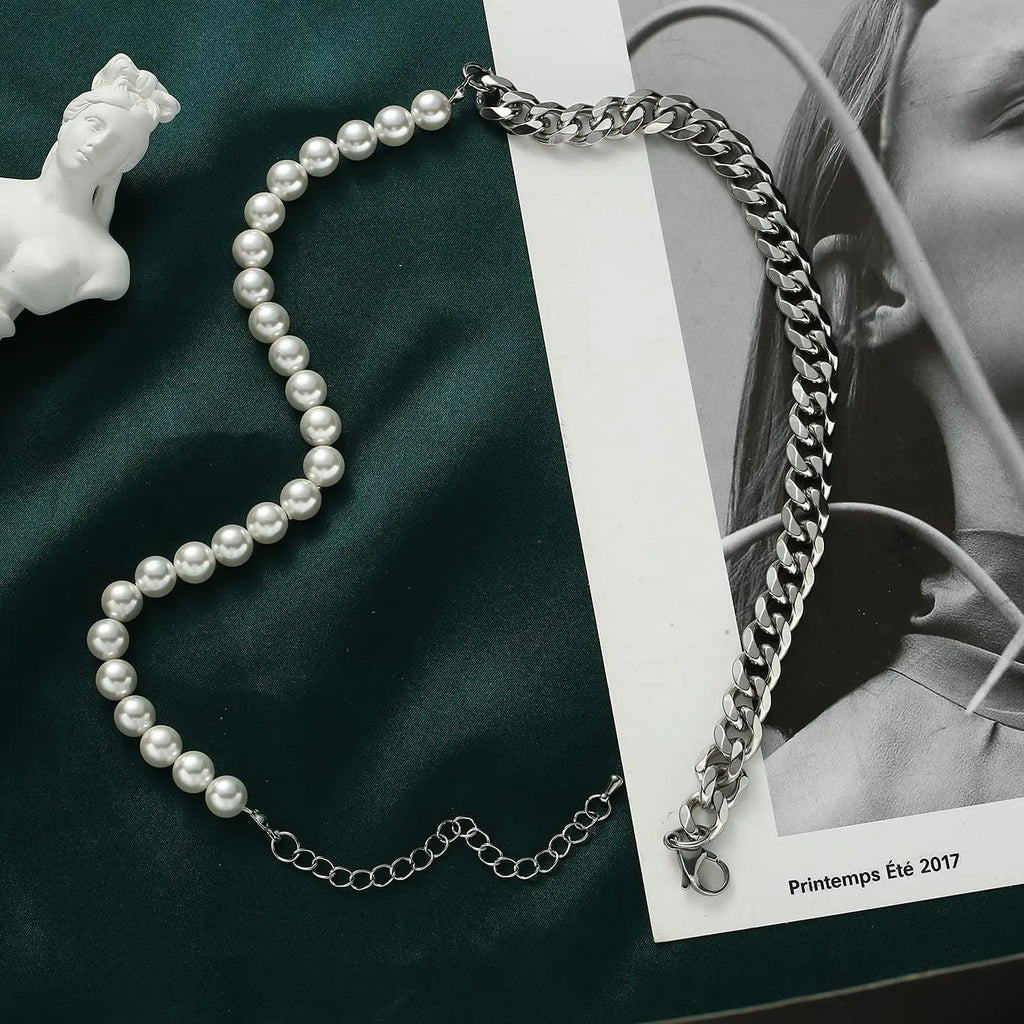 Men's Half Pearl Half Cuban Link Chain Necklace — Stainless Steel Silver Jewellery (43 cm)