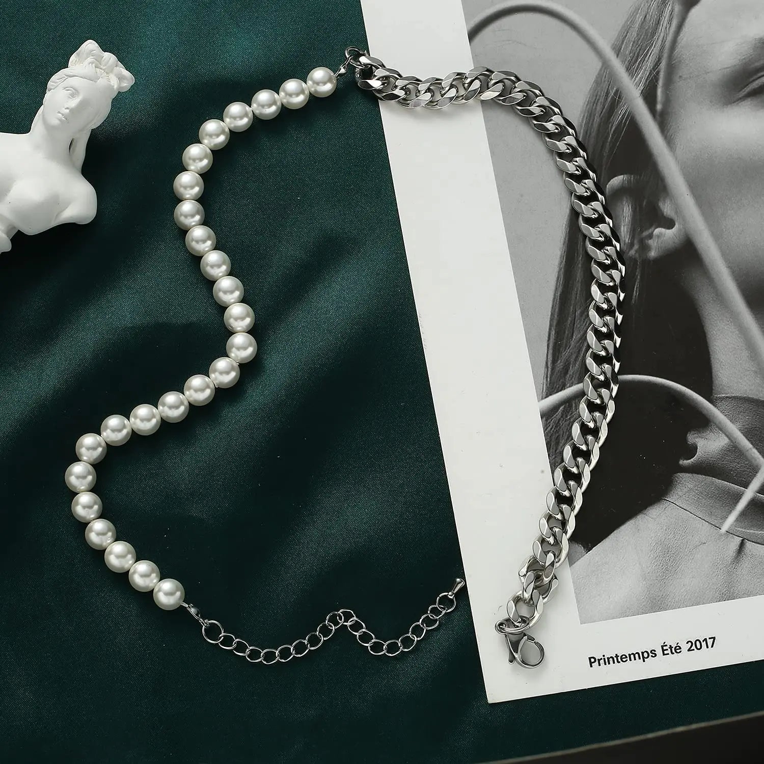 Men's Half Pearl Half Cuban Link Chain Necklace — Stainless Steel Silver Jewellery (43 cm)