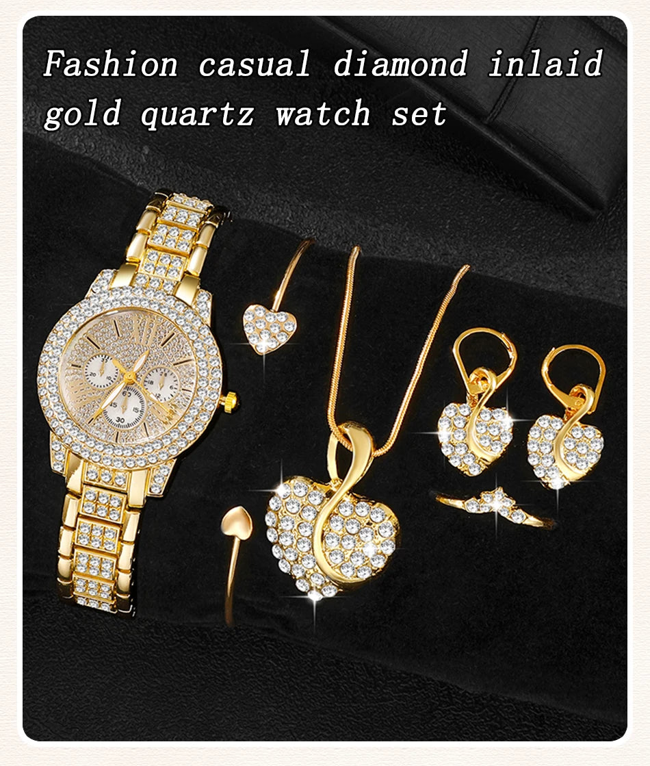 Women's Rhinestone Quartz Watch & Jewellery Set — Ring, Necklace & Earrings Luxury Gift