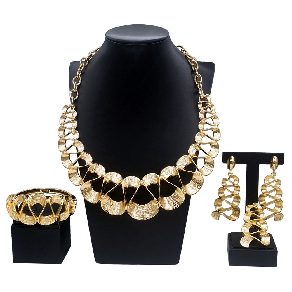 Women's Gold Plated Wavy Pendant Necklace & Earrings Set — Delicate Wedding & Holiday Jewellery