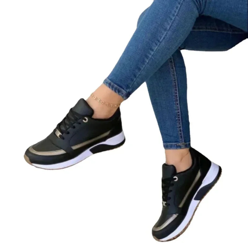Women's Lace-Up Height-Increasing Sneakers — Mixed Colour Mid Heel Casual Shoes