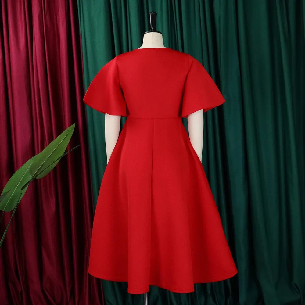 Women's V-Neck Flare Sleeve High Waist Pleated A-Line Dress