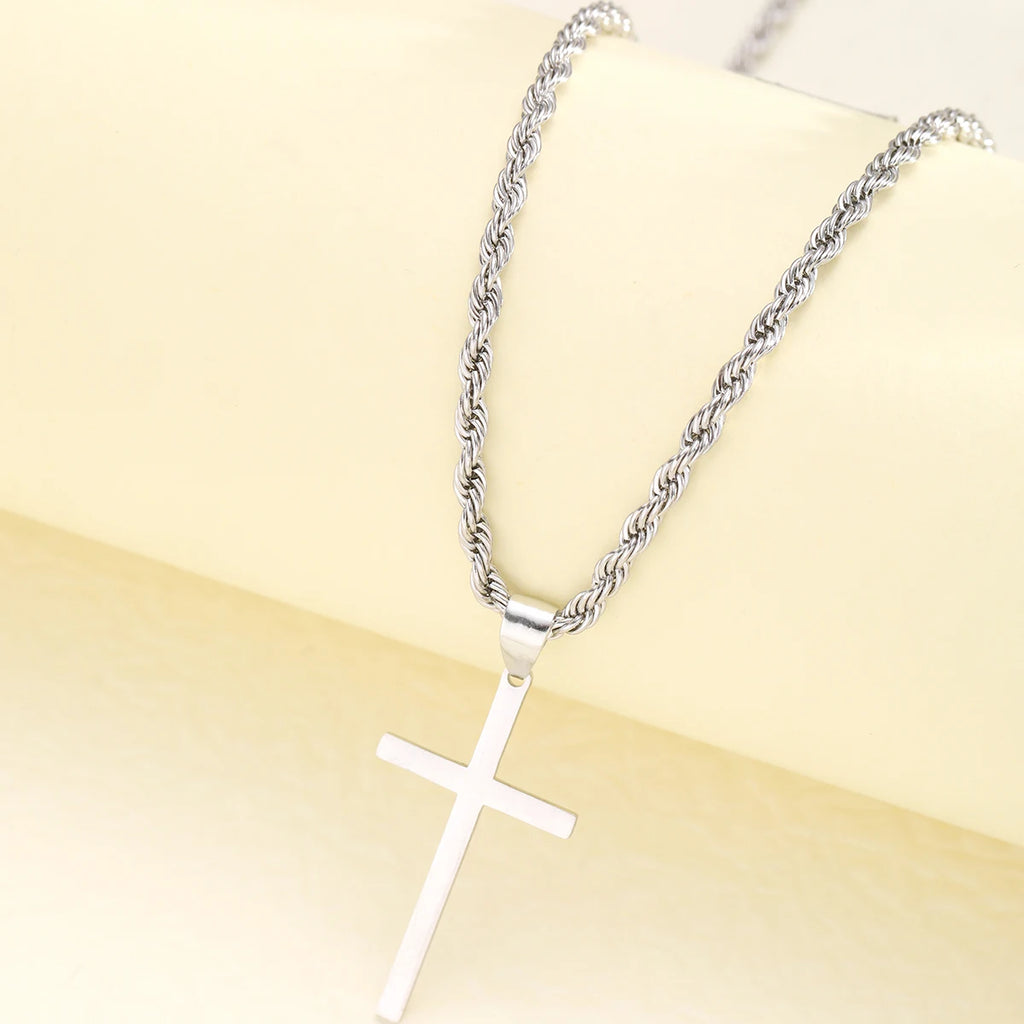 Men's Stainless Steel Cross Pendant Necklace — Minimalist Gold Colour Rope Chain Choker