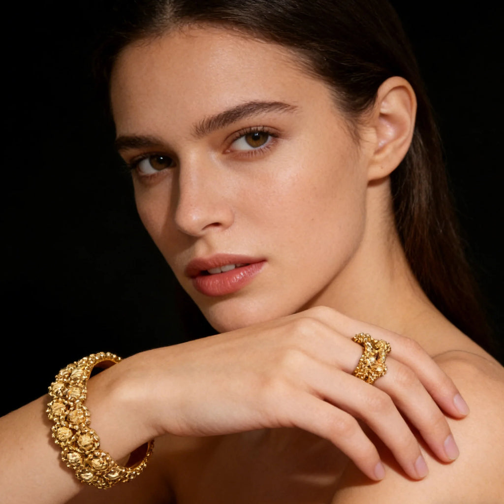 Women's Gold Plated Charm Jewellery Set — Necklace, Bracelet, Ring & Earrings for Party & Wedding