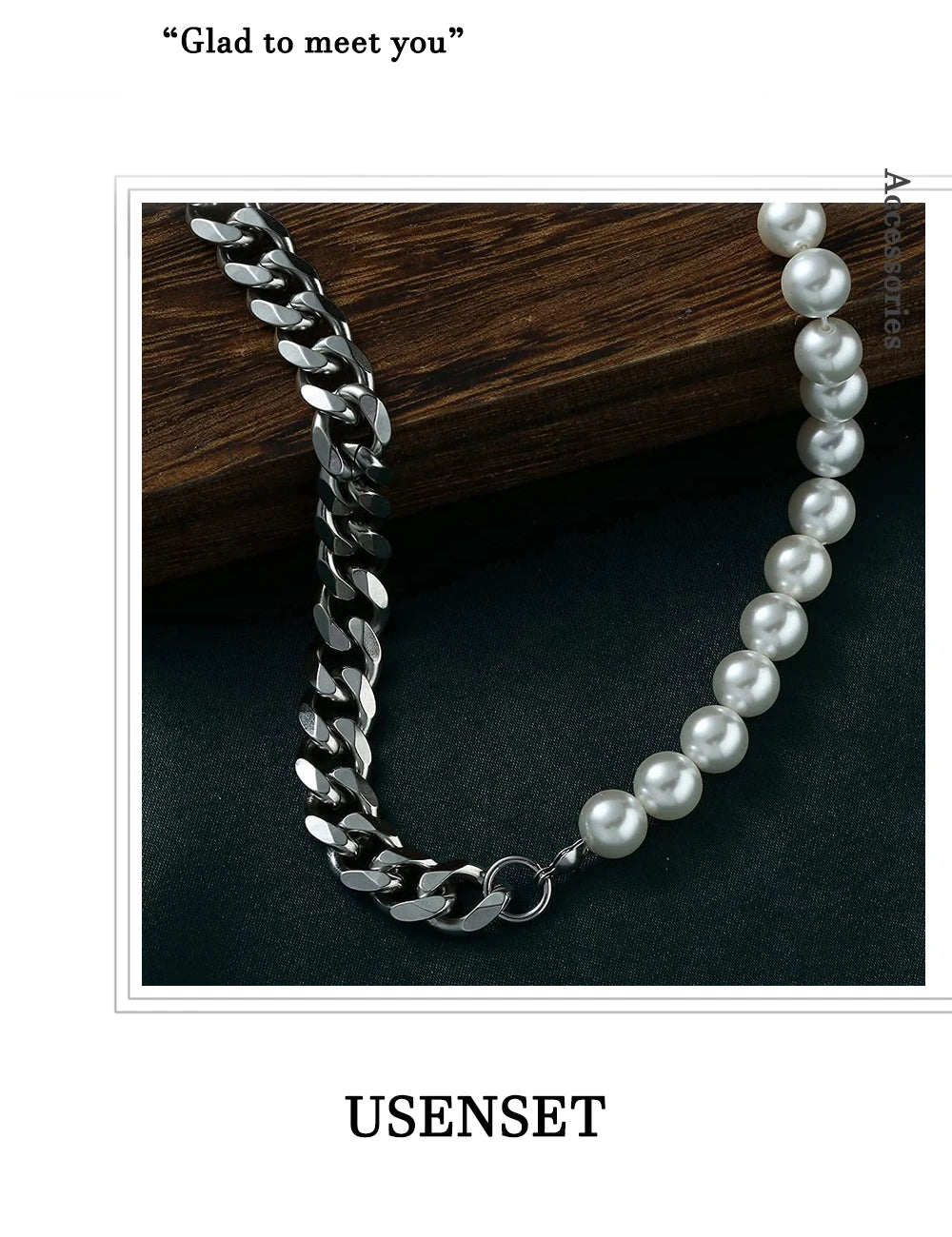 Men's Half Pearl Half Cuban Link Chain Necklace — Stainless Steel Silver Jewellery (43 cm)