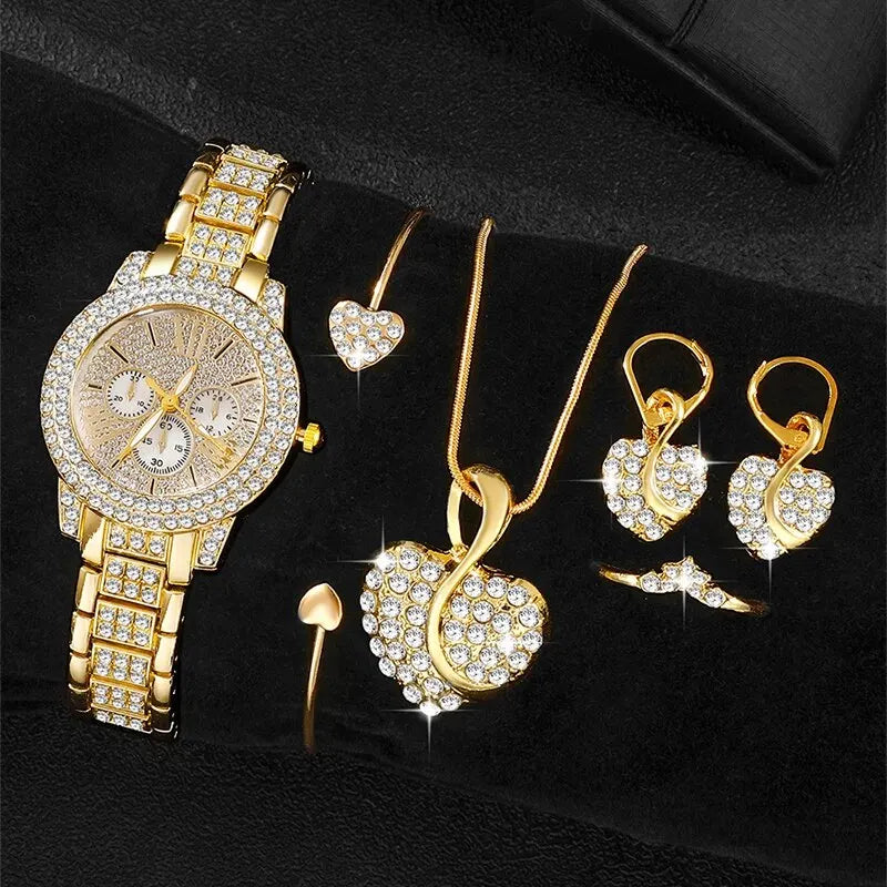 Women's Rhinestone Quartz Watch & Jewellery Set — Ring, Necklace & Earrings Luxury Gift