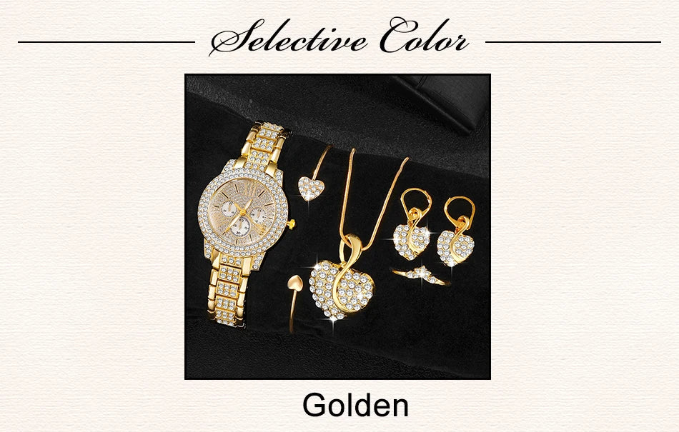 Women's Rhinestone Quartz Watch & Jewellery Set — Ring, Necklace & Earrings Luxury Gift