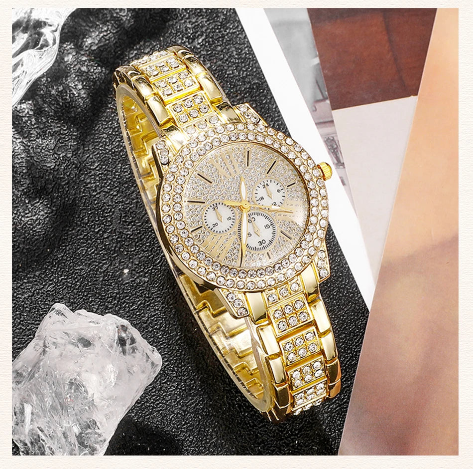 Women's Rhinestone Quartz Watch & Jewellery Set — Ring, Necklace & Earrings Luxury Gift