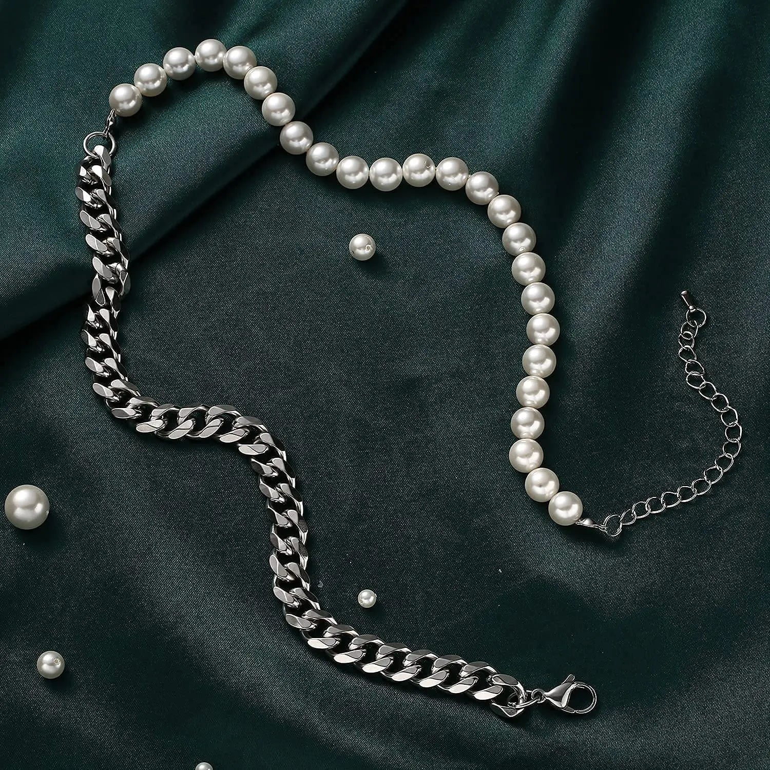 Men's Half Pearl Half Cuban Link Chain Necklace — Stainless Steel Silver Jewellery (43 cm)