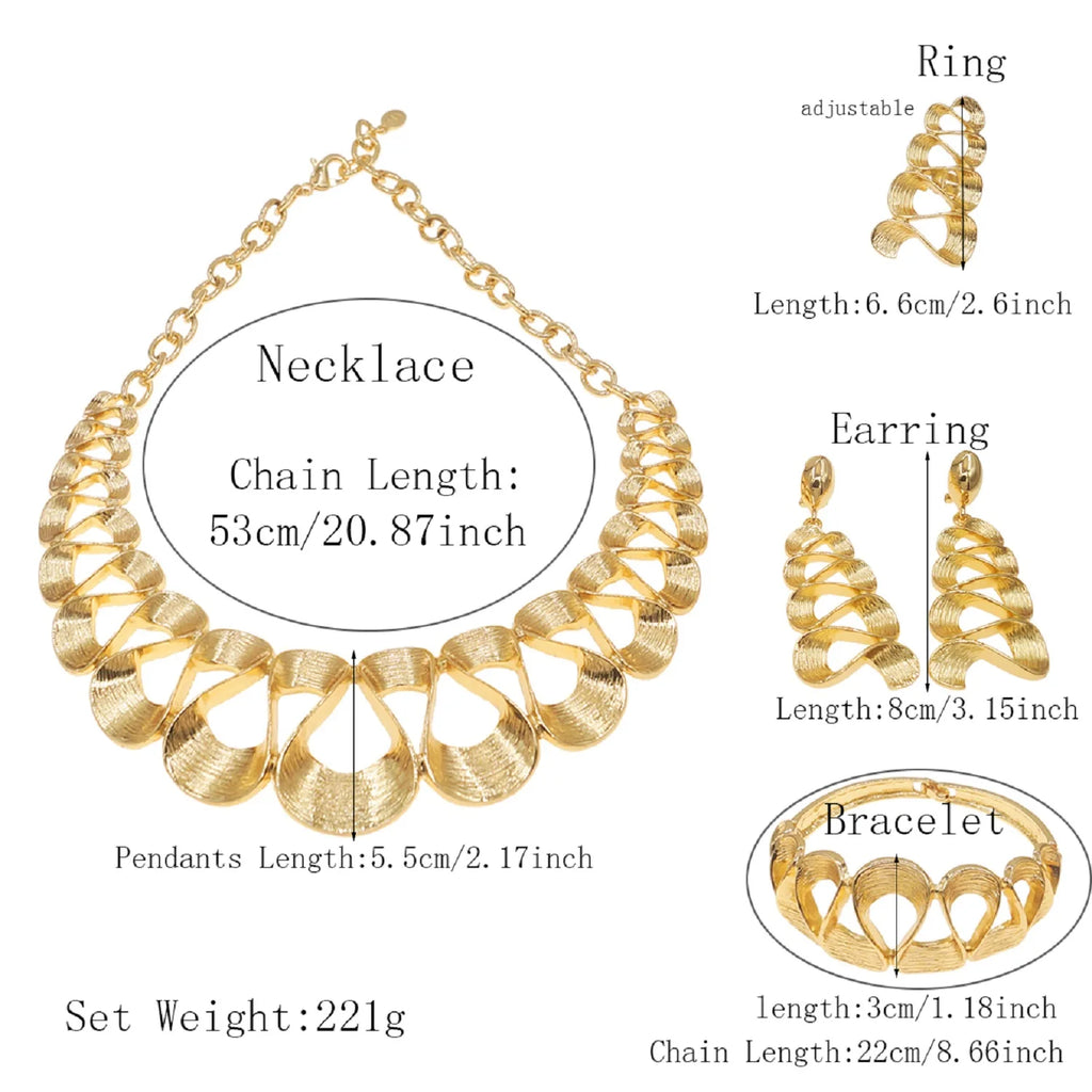 Women's Gold Plated Wavy Pendant Necklace & Earrings Set — Delicate Wedding & Holiday Jewellery