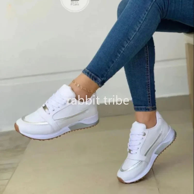 Women's Lace-Up Height-Increasing Sneakers — Mixed Colour Mid Heel Casual Shoes