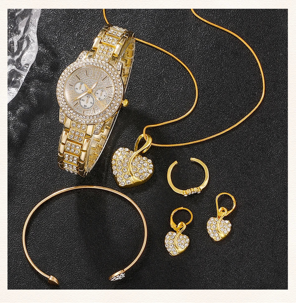 Women's Rhinestone Quartz Watch & Jewellery Set — Ring, Necklace & Earrings Luxury Gift