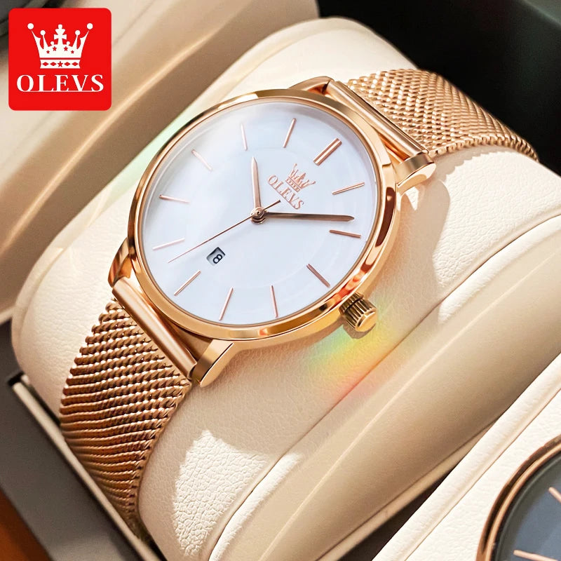 OLEVS Women's Rose Gold Quartz Watch — Luxury Stainless Steel Bracelet Gift Set