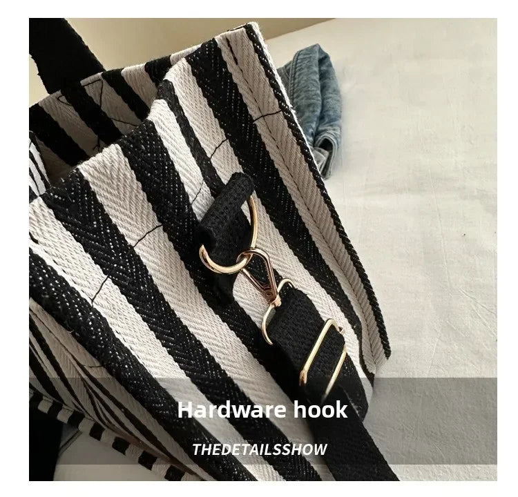 Women's Large Capacity Striped Canvas Shoulder Bag — Versatile Commuter & Travel Tote