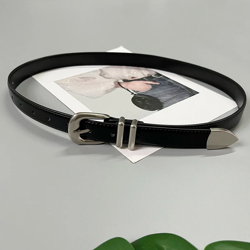 Women's Real Leather Jeans Belt — Metal Buckle Casual Waistband (104 cm)