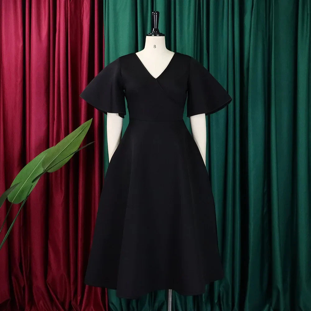 Women's V-Neck Flare Sleeve High Waist Pleated A-Line Dress